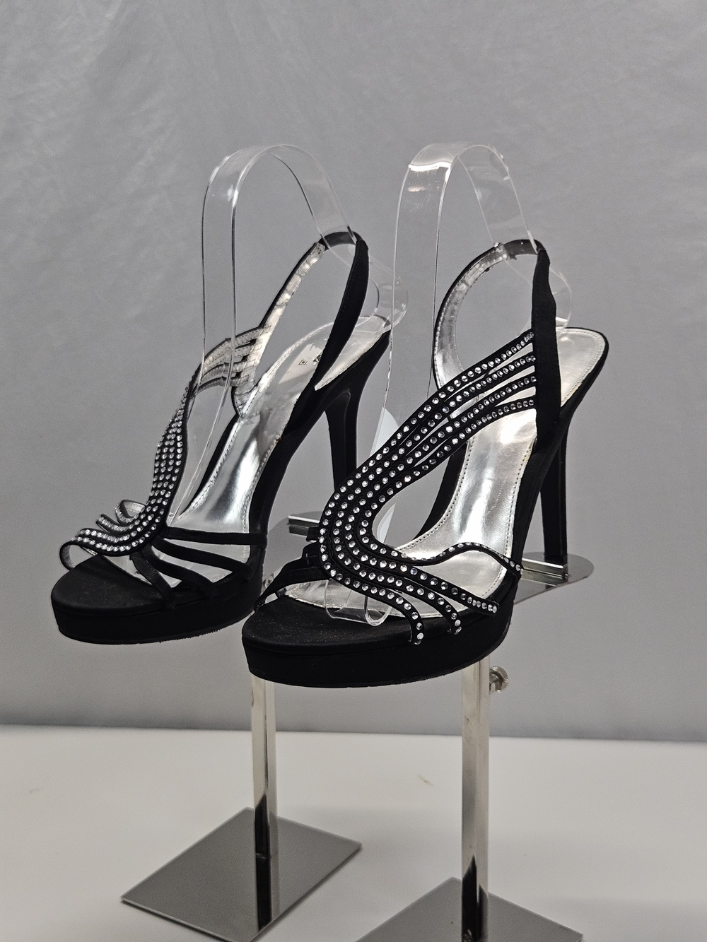 Apt 9 APMERCIR Black Satin Rhinestone Strappy Slingback Stiletto Heels 8.5M